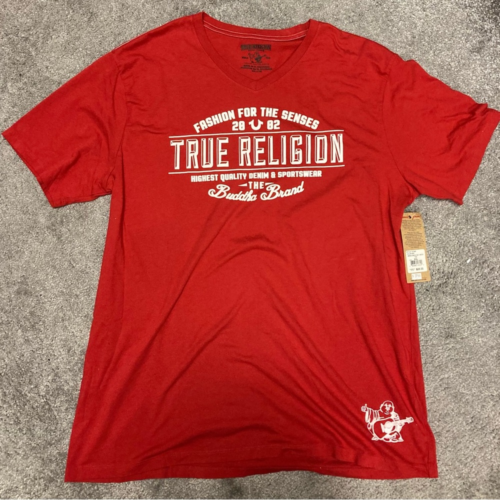 True Religion Mens Red V-Neck T-Shirt